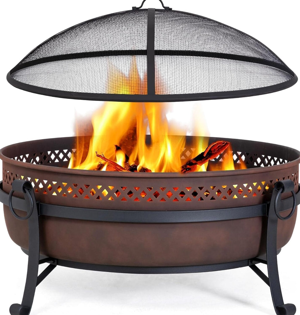 SUNCREAT 42 Inch Star Pattern Wood Burning Patio Fire Pit With Mesh Spark Screen And Poker, Black
