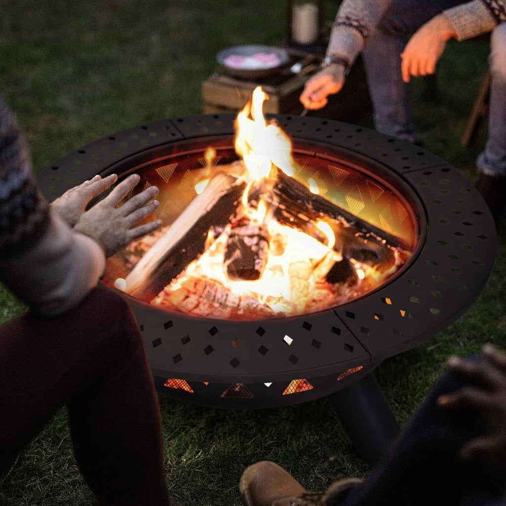 SUNCREAT 42 Inch Star Pattern Wood Burning Patio Fire Pit With Mesh Spark Screen And Poker, Black
