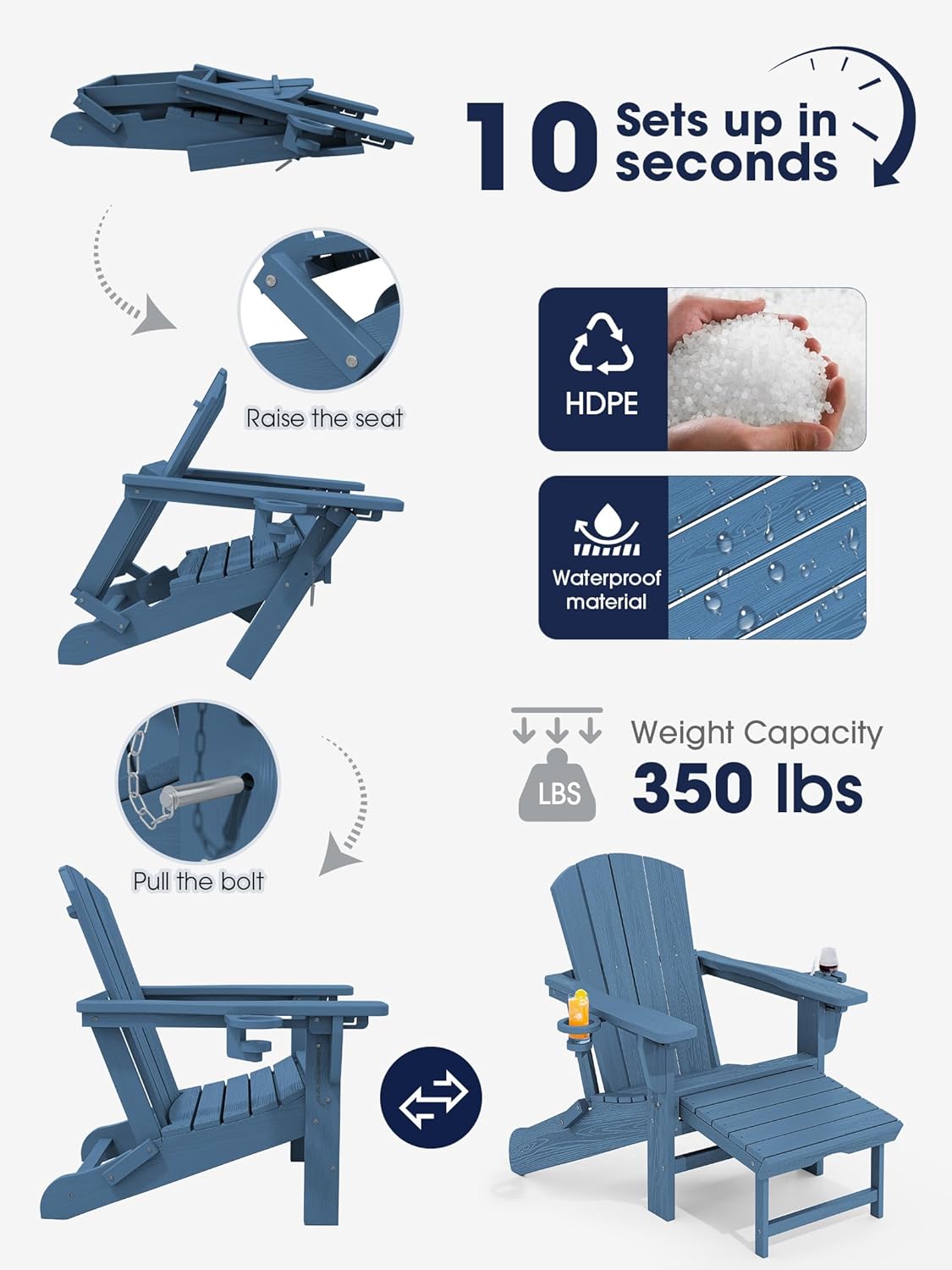 KINGYES Folding Adjustable HDPE Adirondack Recliner Chair With Retractable Ottoman And Cup Holder - Blue