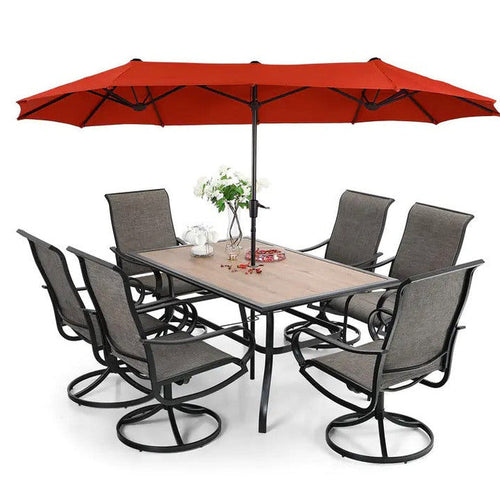 8-Piece Patio Dining Set With Umbrella And 6 Sling Dining Swivel Chairs