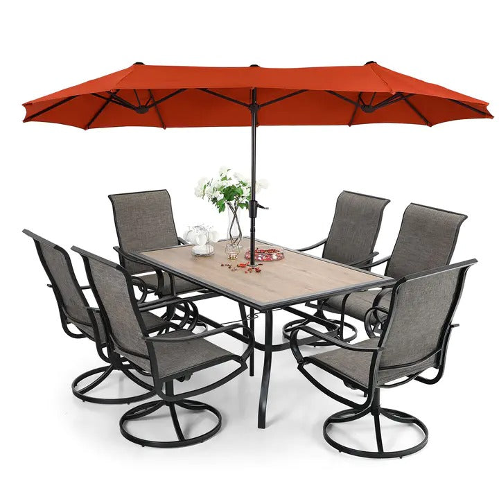 8-Piece Patio Dining Set With Umbrella And 6 Sling Dining Swivel Chairs