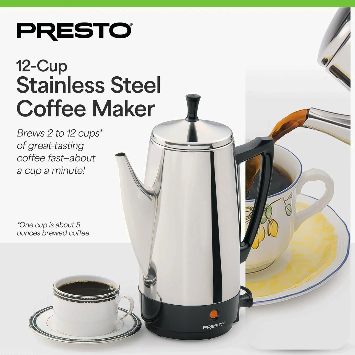 Presto Stainless Steel Percolator Coffee Maker, 12 Cup, Silver