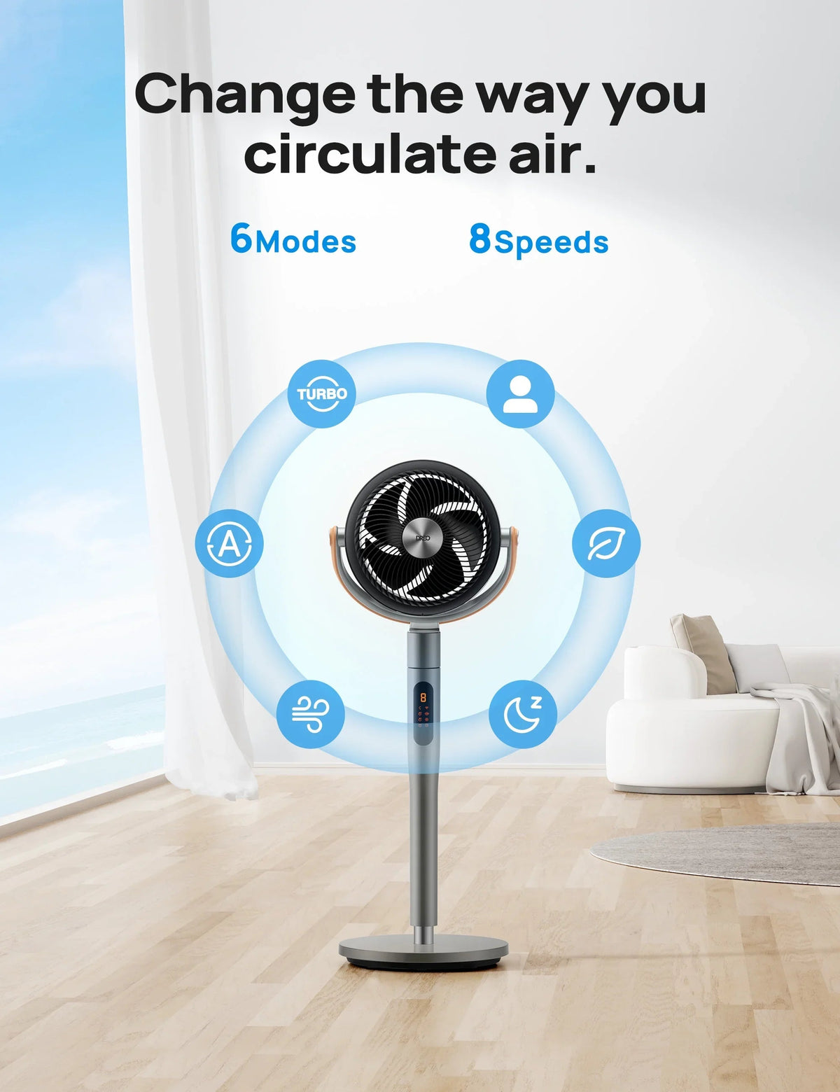 Dreo Pedestal Fan With Remote, Wi-Fi And Voice Control, 6 Modes, 8 Speeds, 12H Timer - PolyFan 513S