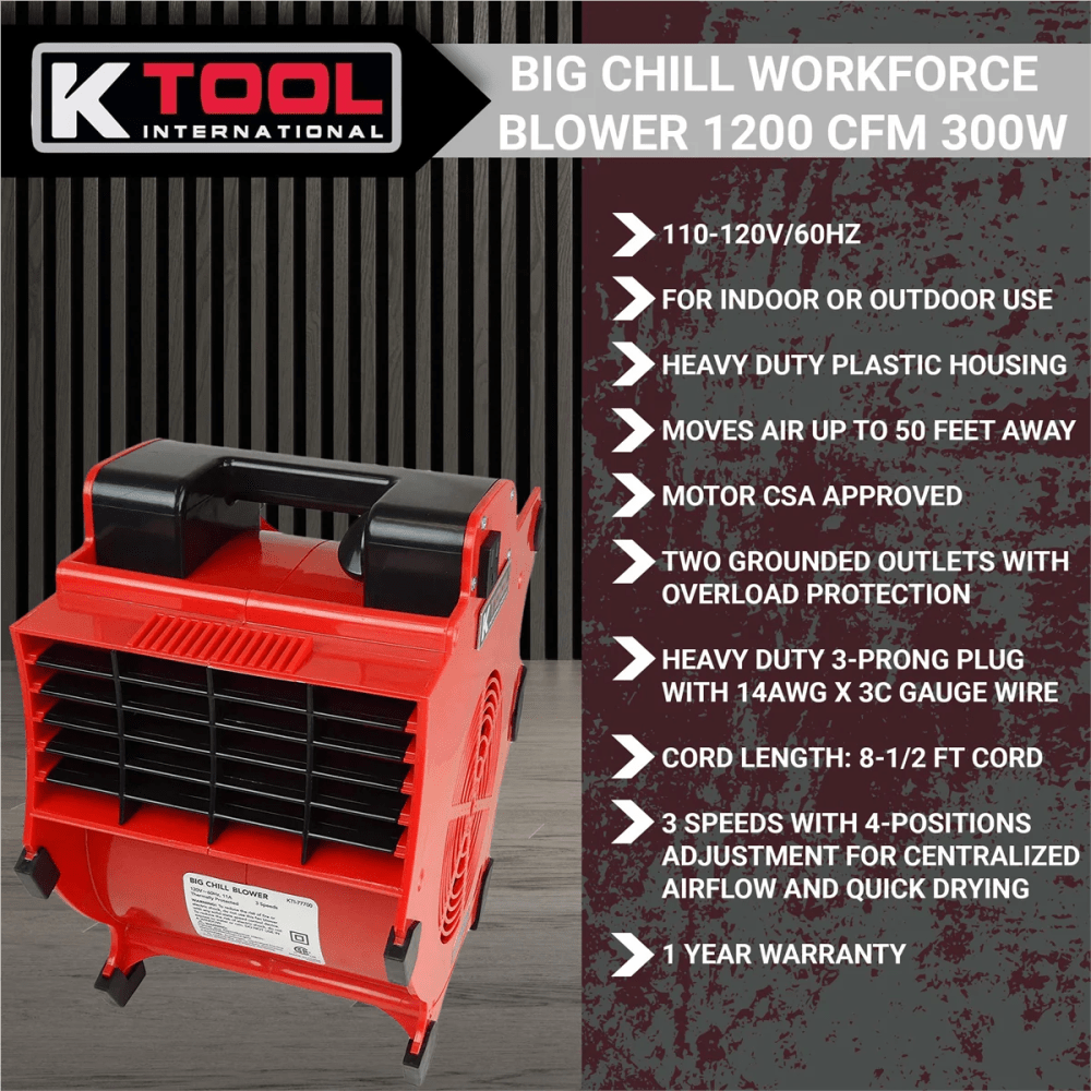 K Tool International Workforce Blower, 3-Speed, 1200 CFM, 4-Angle Position, Red - 77700