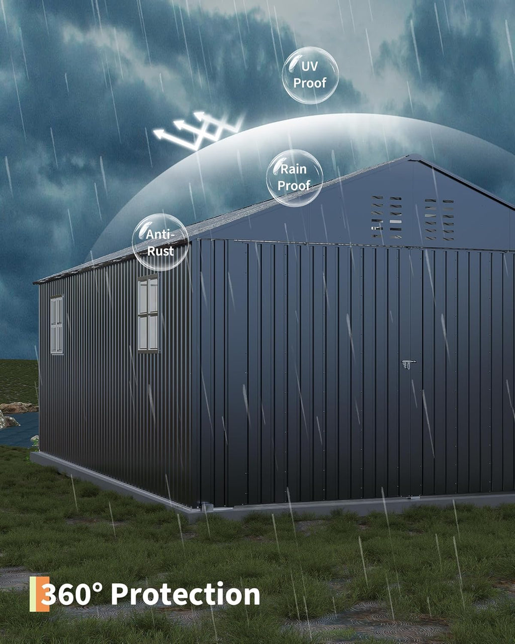GarveeLife Enclosed Metal Carport 12x20 FT, Gray - Reinforced Frame And Steel Roof