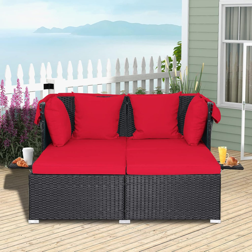 RELAX4LIFE Patio Daybed With Canopy, Cushions, 4 Pillows And 2 Side Trays, Turquoise - B0BYSN7GC7