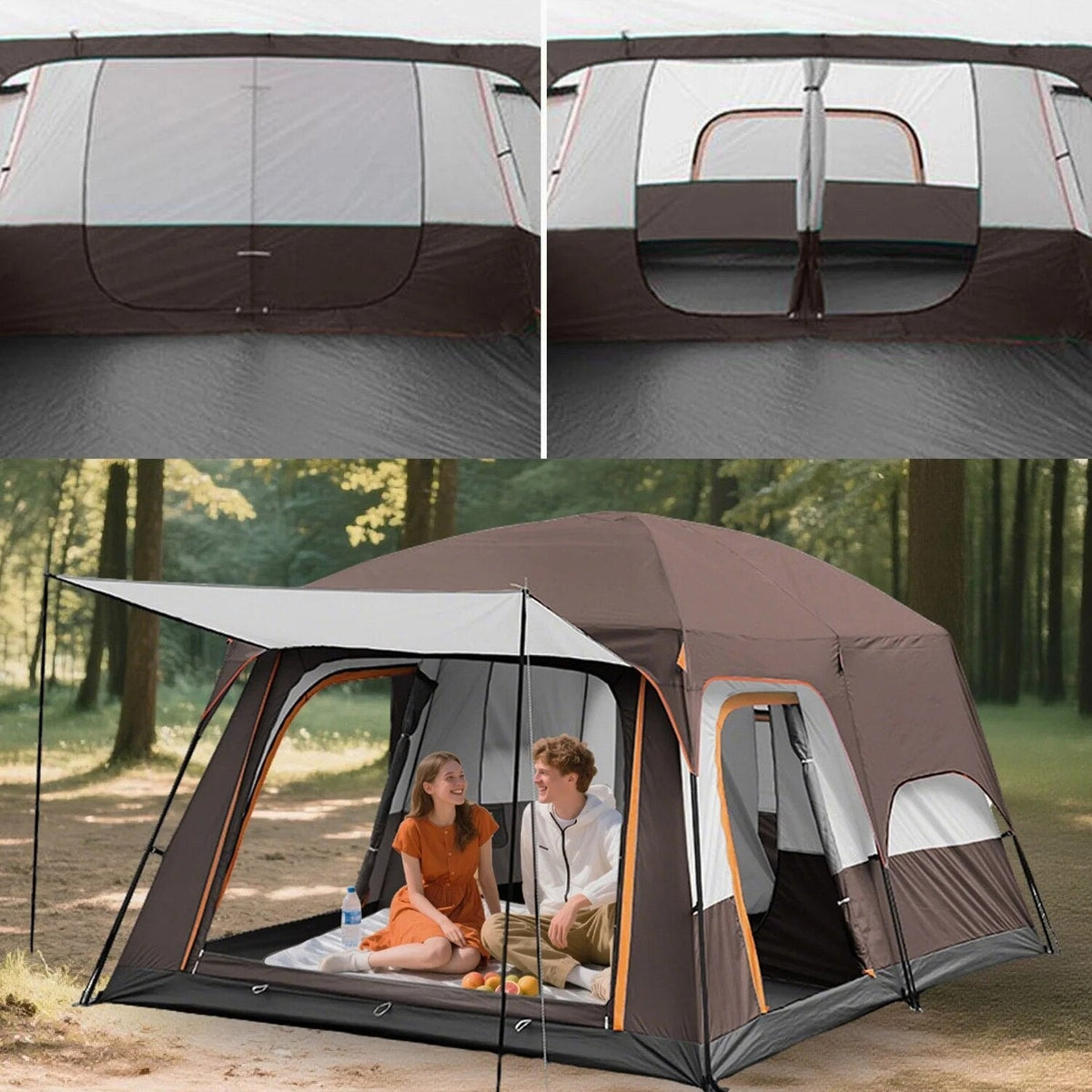 KFeng 12 Person Camping Tent, 2 Rooms, 3 Mesh Doors, 3 Mesh Windows, Brown
