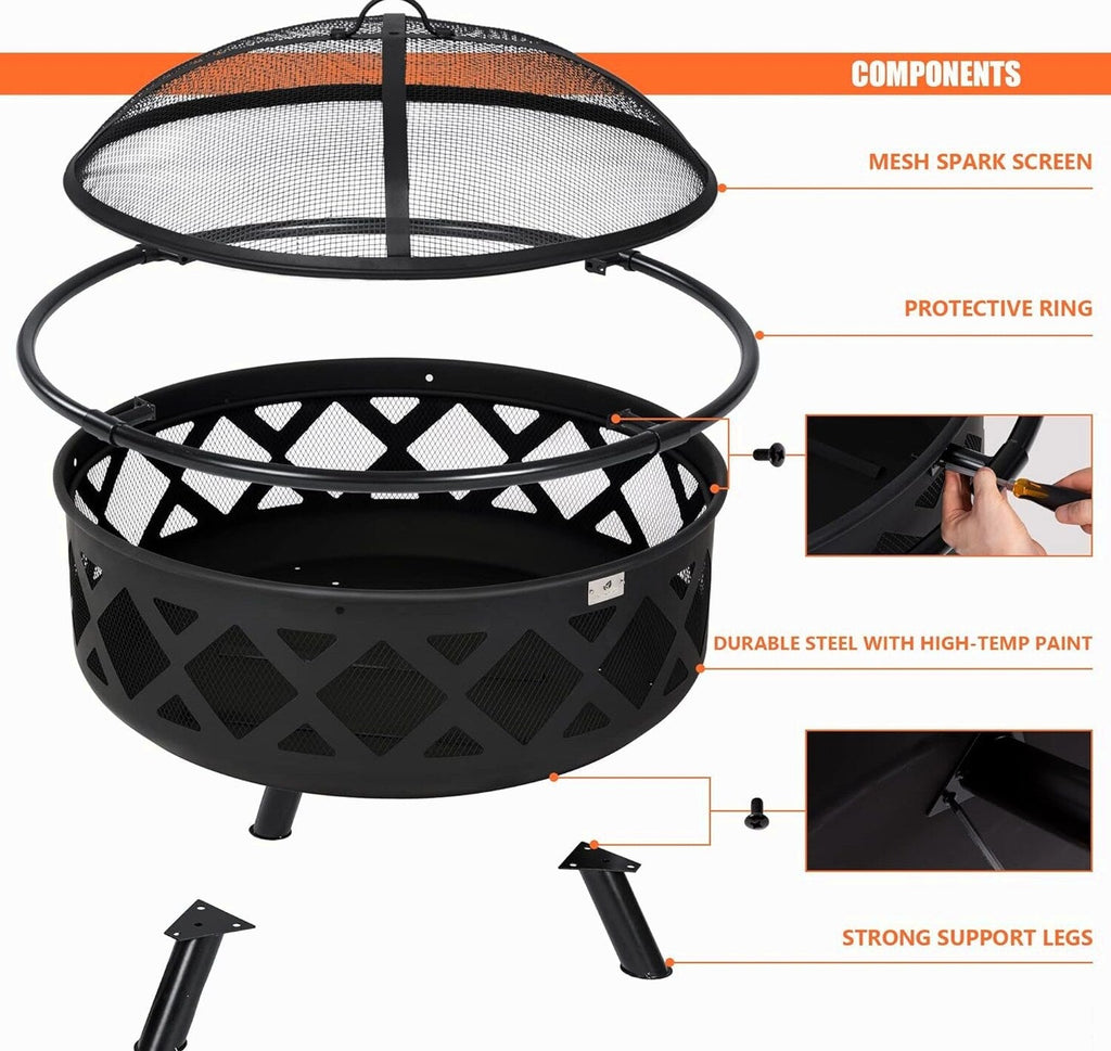 SUNCREAT 42 Inch Star Pattern Wood Burning Patio Fire Pit With Mesh Spark Screen And Poker, Black
