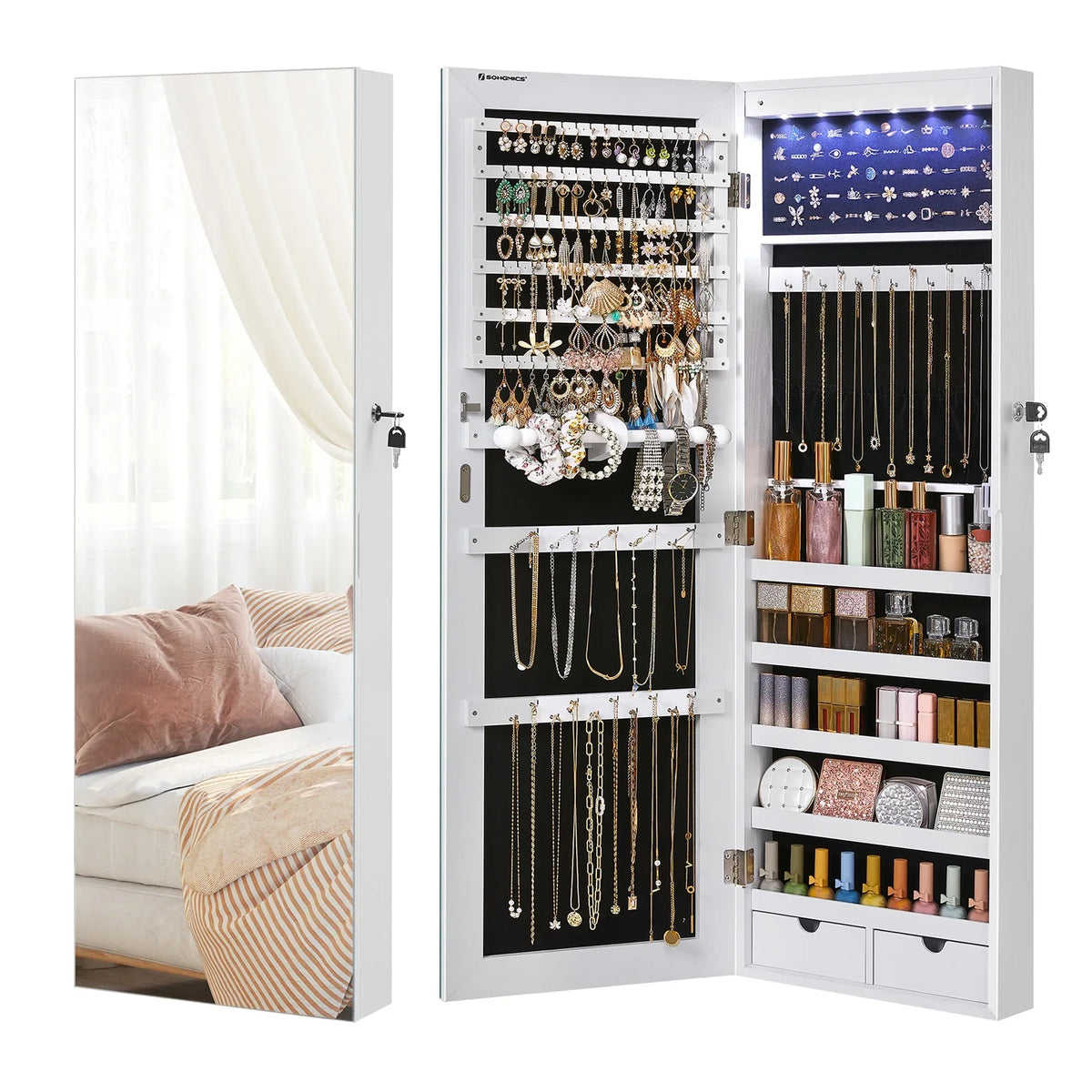 SONGMICS Wall Or Door Mounted Jewelry Cabinet With LED Interior Lights, Full-Length Mirror, White