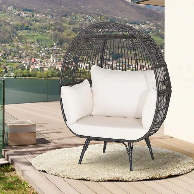 Oversized Wicker Egg Lounge Chair With Four Cushions - Steel-Framed Indoor/Outdoor Basket Seating