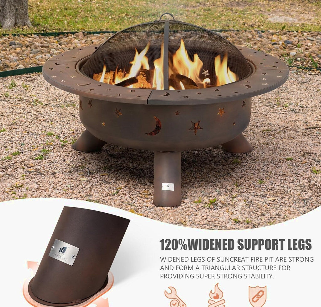 SUNCREAT 42 Inch Star Pattern Wood Burning Patio Fire Pit With Mesh Spark Screen And Poker, Black