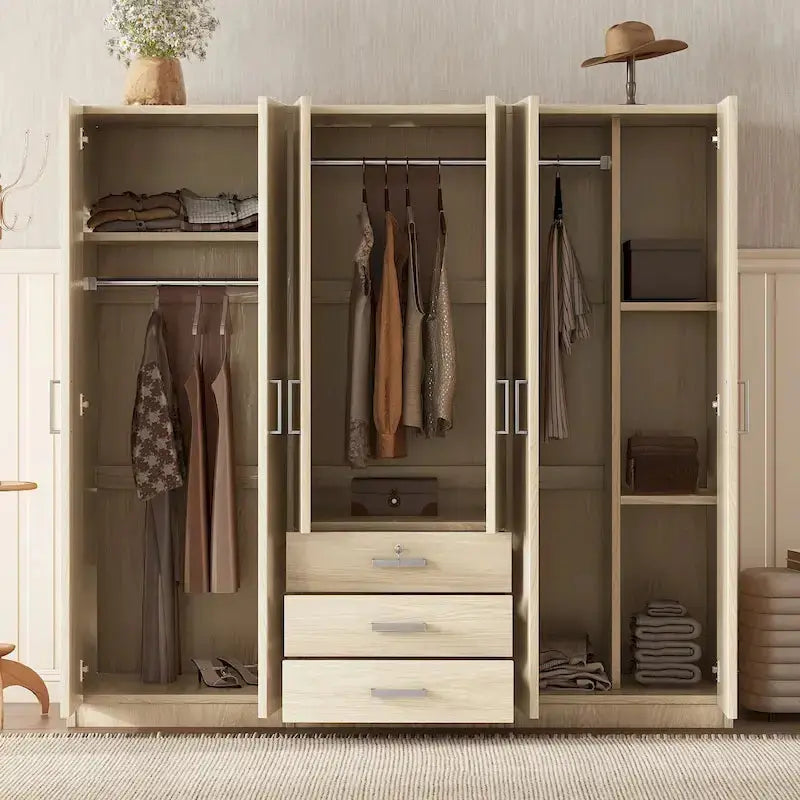 6-Door MDF Bedroom Wardrobe With 3 Large Bottom Drawers - 70.9 X 19.2 X 68