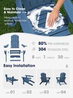 KINGYES Folding Adjustable HDPE Adirondack Recliner Chair With Retractable Ottoman And Cup Holder - Blue
