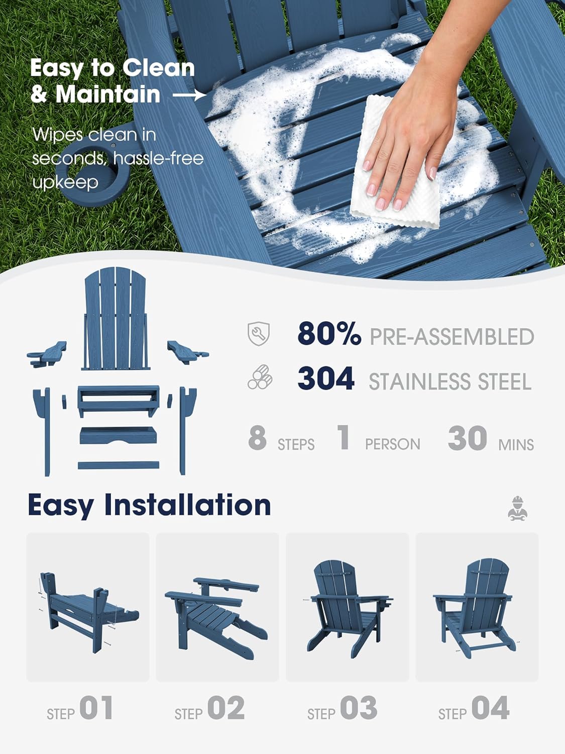 KINGYES Folding Adjustable HDPE Adirondack Recliner Chair With Retractable Ottoman And Cup Holder - Blue