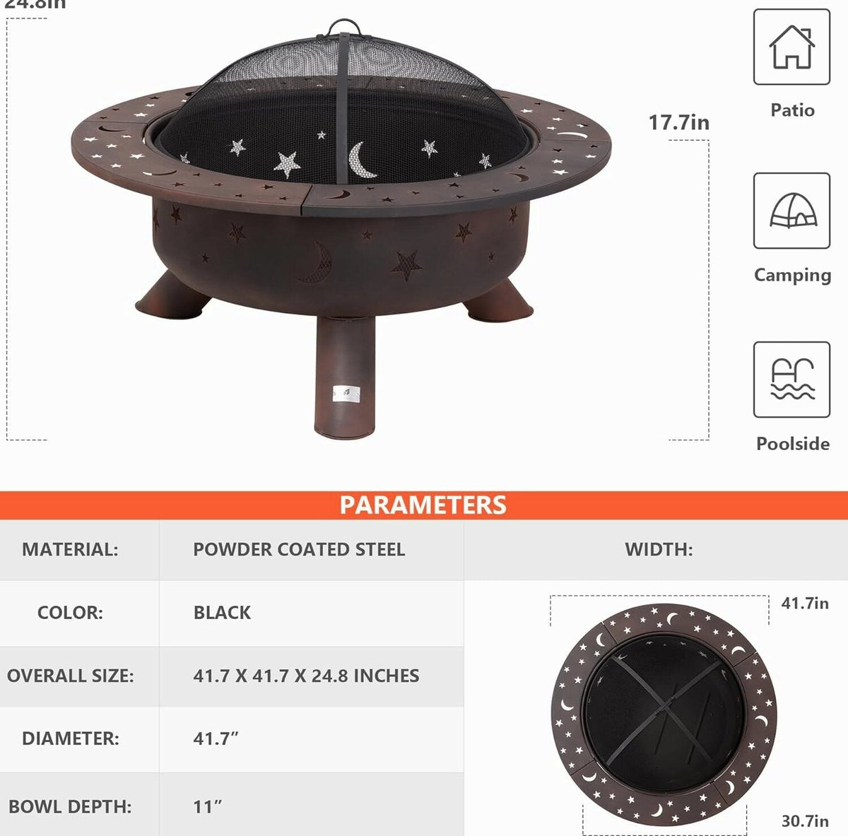 SUNCREAT 42 Inch Star Pattern Wood Burning Patio Fire Pit With Mesh Spark Screen And Poker, Black
