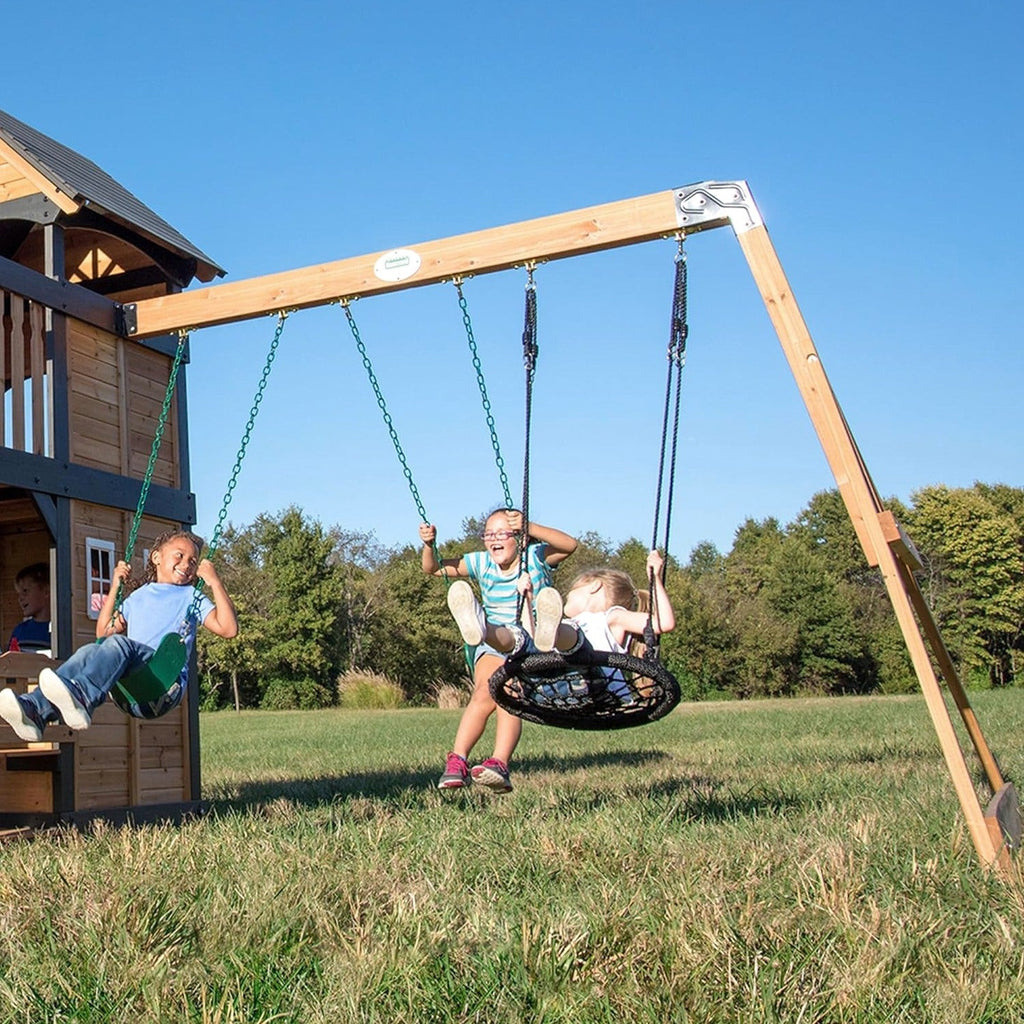 Backyard Discovery Canyon Creek Cedar Wood Swing Set With 8-Foot Wave Slide, Clubhouse And Play Kitchen