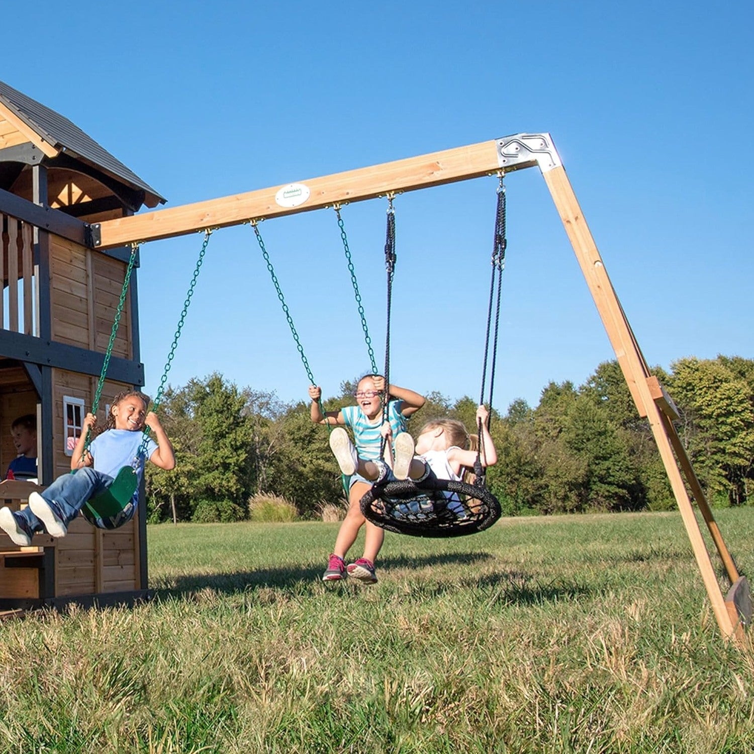 Backyard Discovery Canyon Creek Cedar Wood Swing Set With 8-Foot Wave Slide, Clubhouse And Play Kitchen