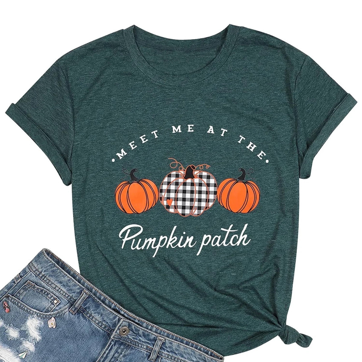 KimSoong Women Halloween Shirt Plaid Pumpkins Graphic Crew Neck Short Sleeve T-Shirts Tops