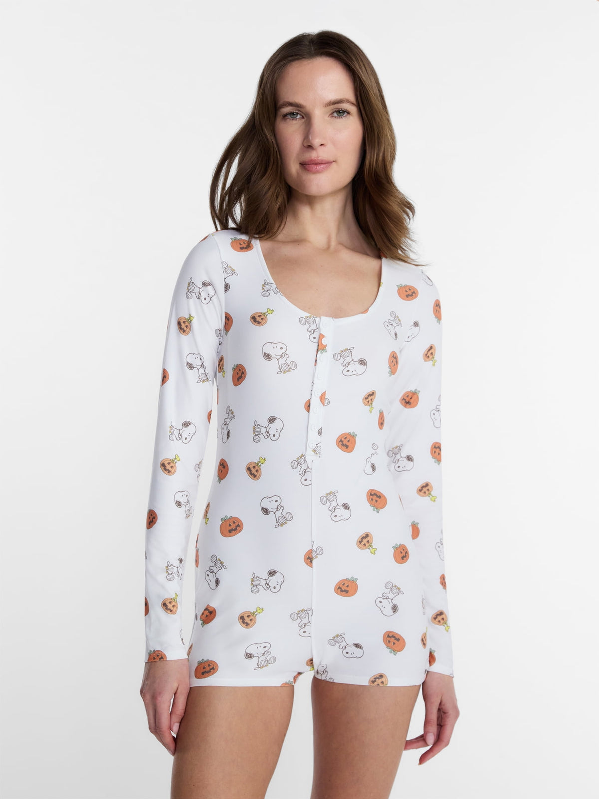 Peanuts Snoopy Women's and Women's Plus Pumpkin One Piece Sleep Romper
