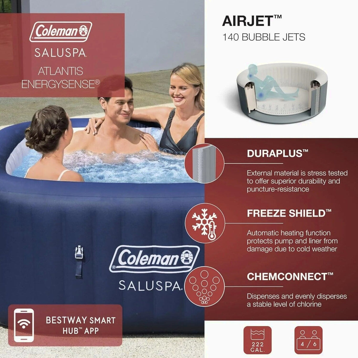 Coleman 4 To 6 Person Square Inflatable Hot Tub With 114 AirJets, Gray - 15442