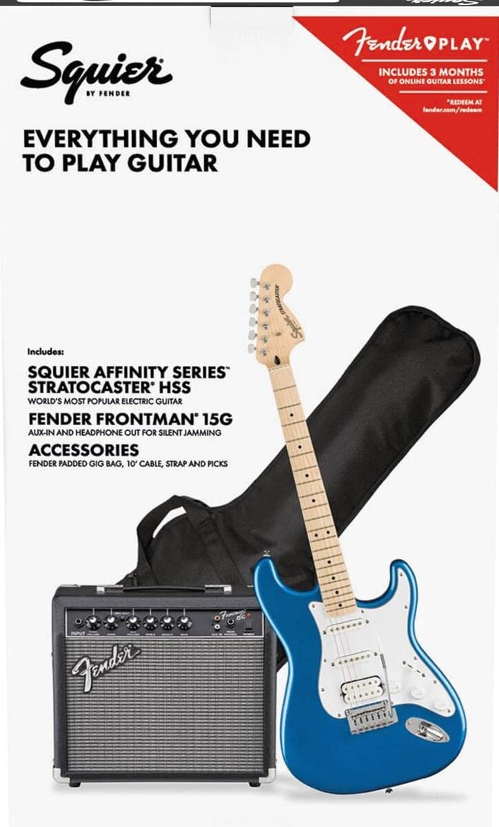 Squier by Fender Affinity Series Stratocaster HSS Electric Guitar Pack, Maple Fingerboard, Lake Placid Blue