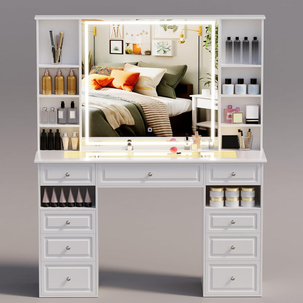 Vanity Desk With Mirror And Lights, Glass Top, 9 Drawers, White