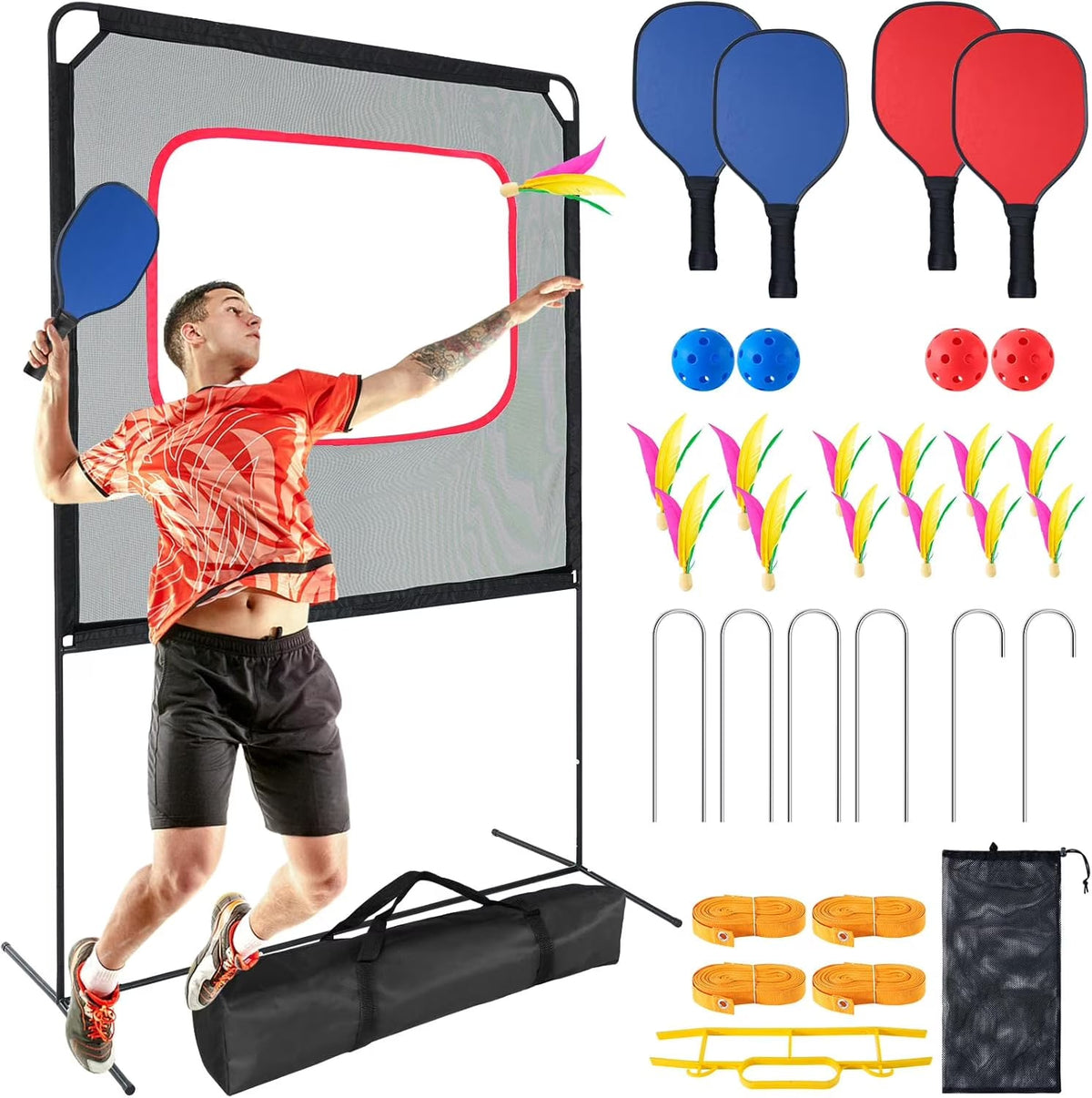 Slsy Portable Pickleball Set With Net, 4 Paddles, 4 Outdoor Pickleballs And 12 Birdies