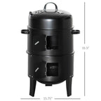 Outsunny 3-in-1 16in Round Charcoal BBQ Smoker Grill With 2 Cooking Areas And Thermometer - Black