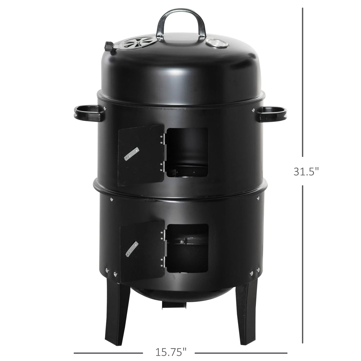 Outsunny 3-in-1 16in Round Charcoal BBQ Smoker Grill With 2 Cooking Areas And Thermometer - Black