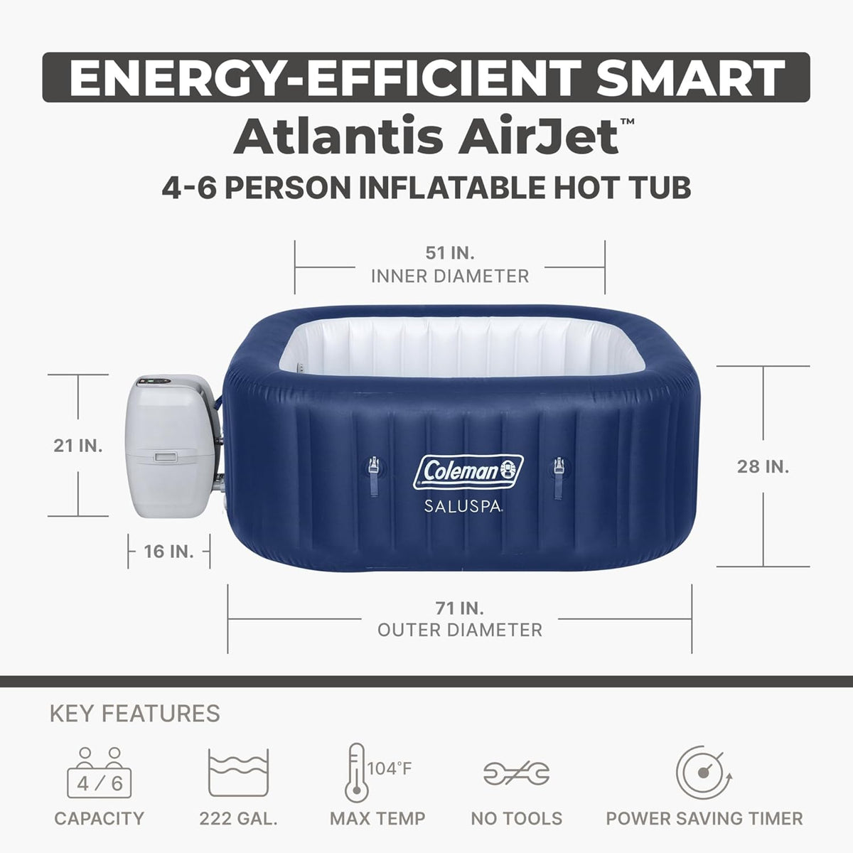 Coleman SaluSpa Atlantis AirJet Inflatable Hot Tub, 4 to 6 Person, 140 Air Jets, 71 x 28 in