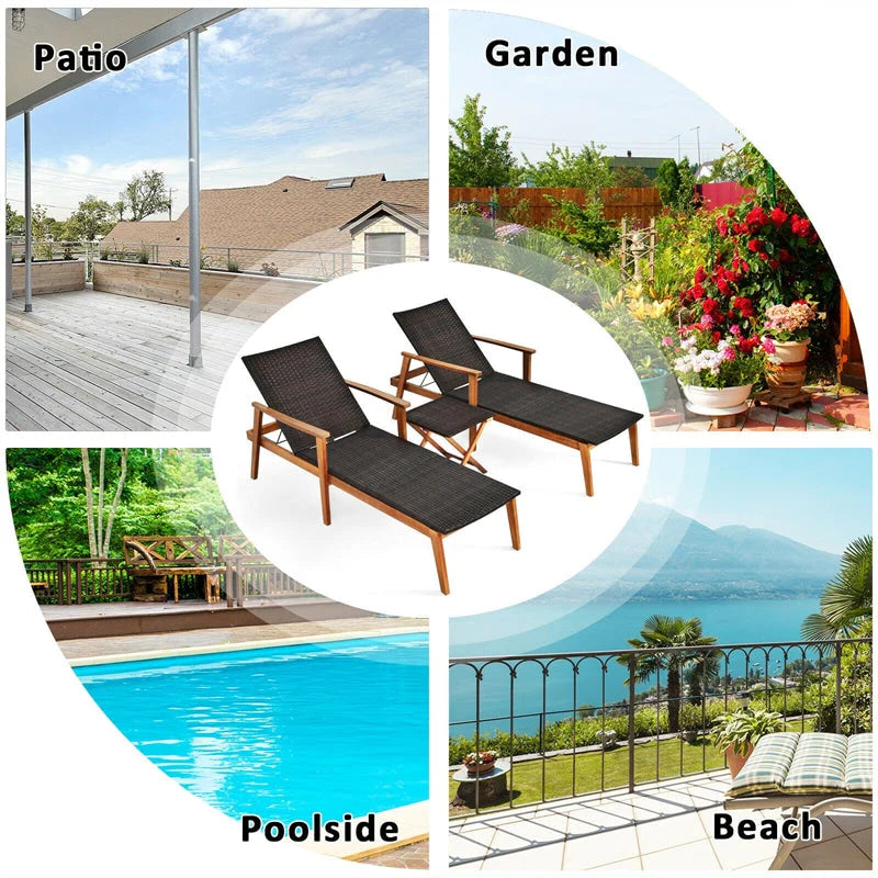Acacia Wood Rattan Patio Chaise Lounge Chair Set With Folding Side Table
