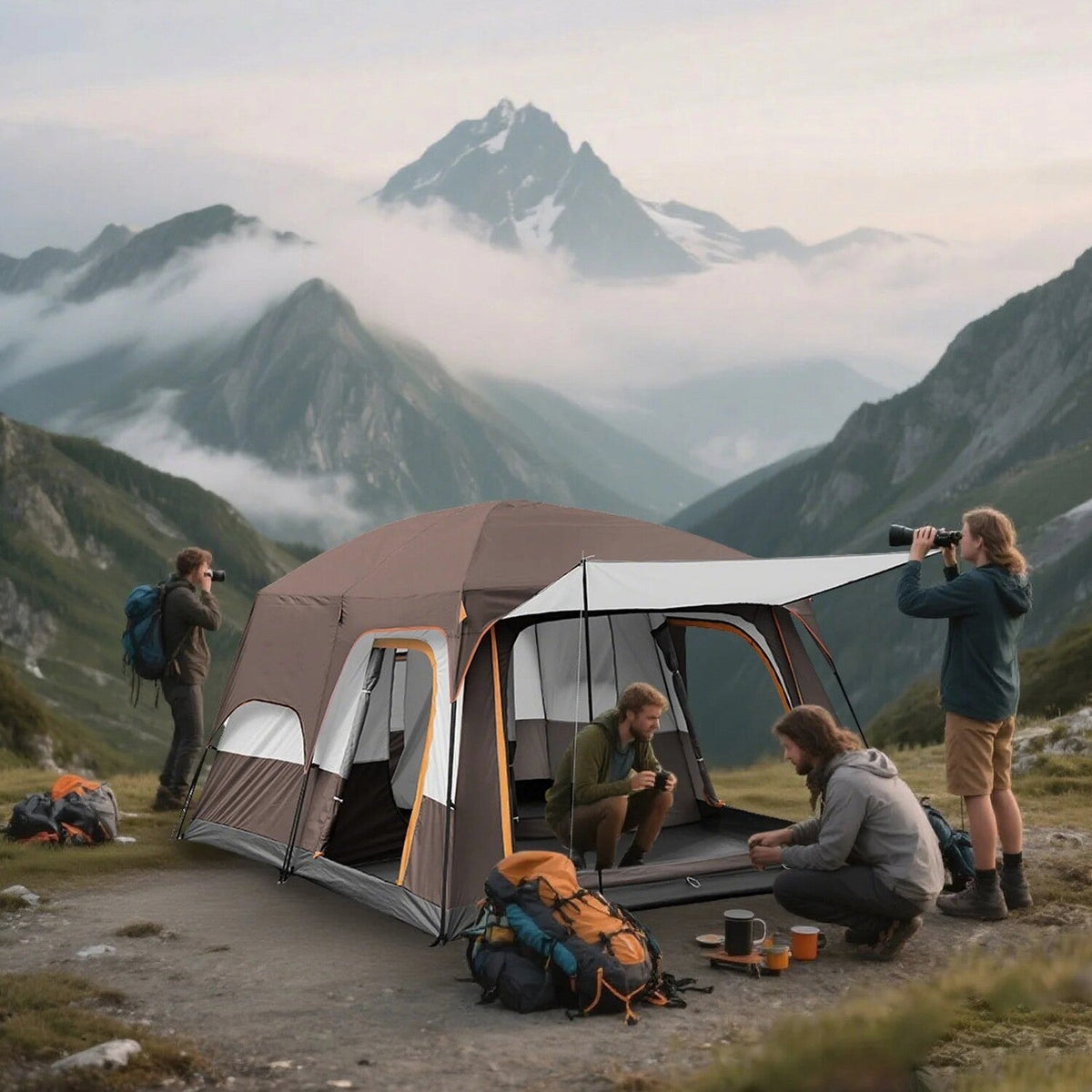 KFeng 12 Person Camping Tent, 2 Rooms, 3 Mesh Doors, 3 Mesh Windows, Brown