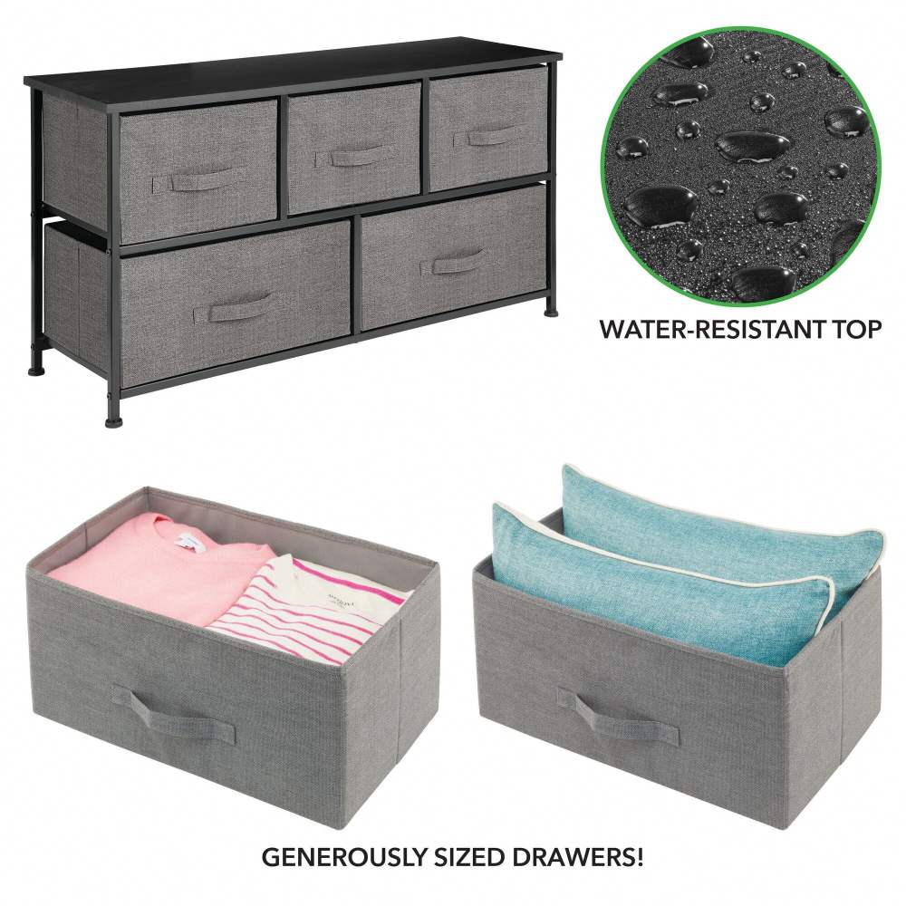 mDesign Wide Storage Dresser With 5 Removable Fabric Drawers - Dark Gray