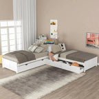 Modern White L-Shaped Twin Platform Bed With Built-In Trundle And Storage Drawers