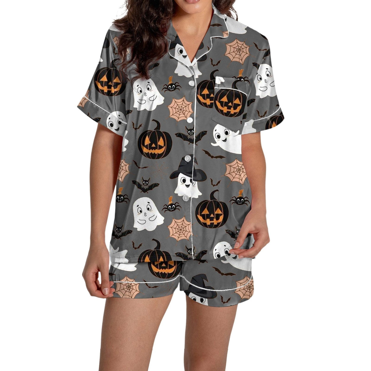 ChenYiFH Halloween Pajama Sets For Women 2 Piece Pumpkin Print Shirts And Pajamas Shorts Button Down Short Sleeve Sleepwear Black S