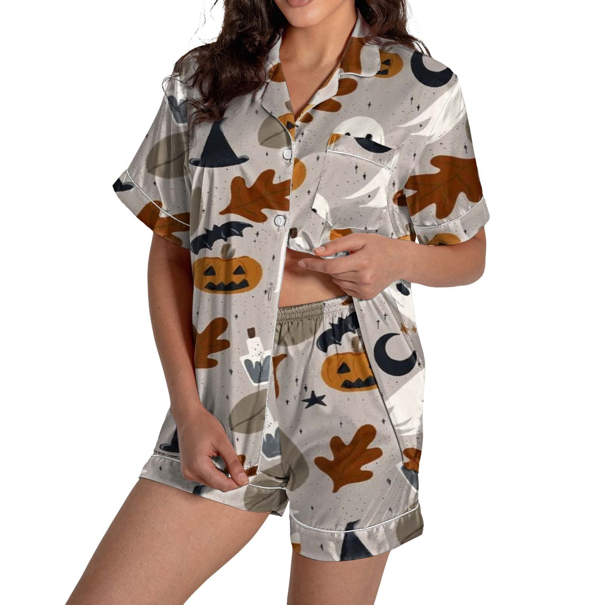 ChenYiFH Halloween Pajama Sets For Women 2 Piece Pumpkin Print Shirts And Pajamas Shorts Button Down Short Sleeve Sleepwear Black S