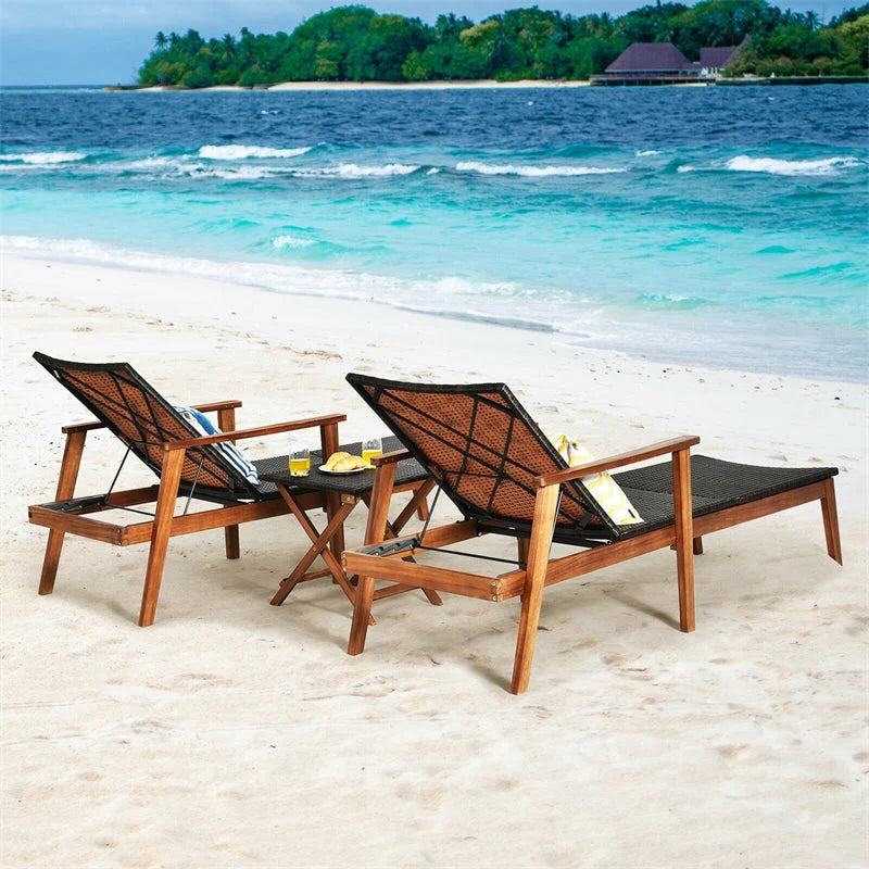 Acacia Wood Rattan Patio Chaise Lounge Chair Set With Folding Side Table