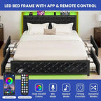 Moasis Queen Platform Bed Frame With PU Upholstery, LED Lighting And 4 Storage Drawers