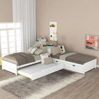 Modern White L-Shaped Twin Platform Bed With Built-In Trundle And Storage Drawers