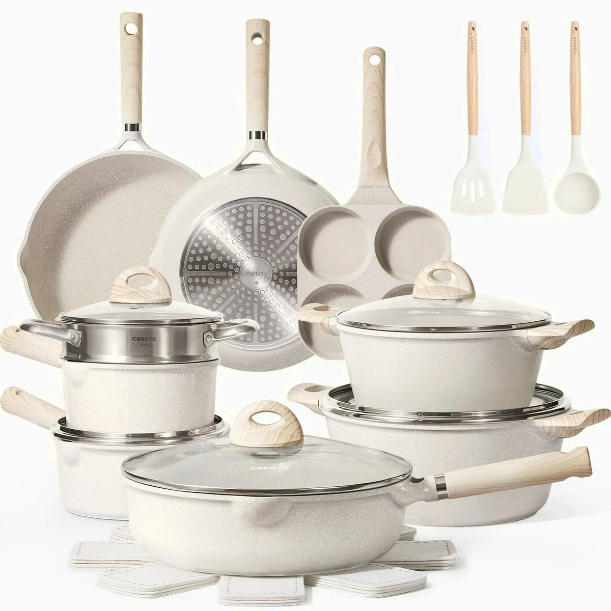 Nonstick Granite Cookware Set, 21 Pcs, Beige