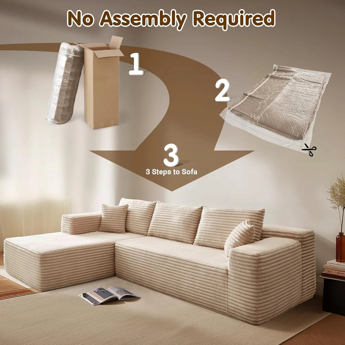 ovios 104in L-Shape Sectional Sofa With Chaise, Grey Plush Corduroy Fabric