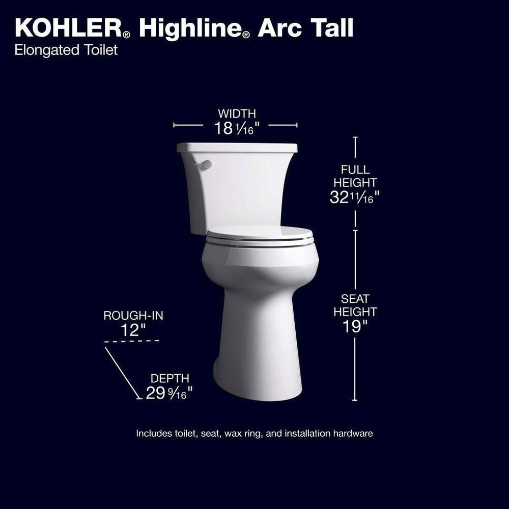 KOHLER Highline Arc Extra Tall 2-Piece Elongated Toilet, White, 1.28 GPF - 78305-0