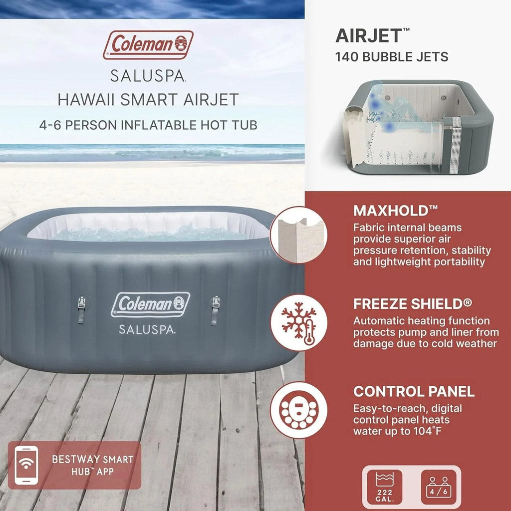 Coleman 4 To 6 Person Square Inflatable Hot Tub With 114 AirJets, Gray - 15442