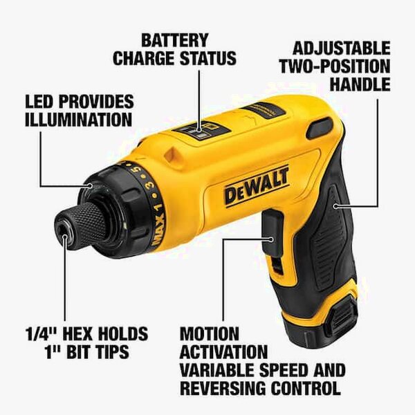 DEWALT 8V MAX Cordless Gyroscopic Screwdriver With Adjustable Handle, (2) 1.0Ah Batteries, Charger, And Bag