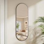 Full Length Wall Mirror, 48 x 16 Inch, Black, Leather Strap