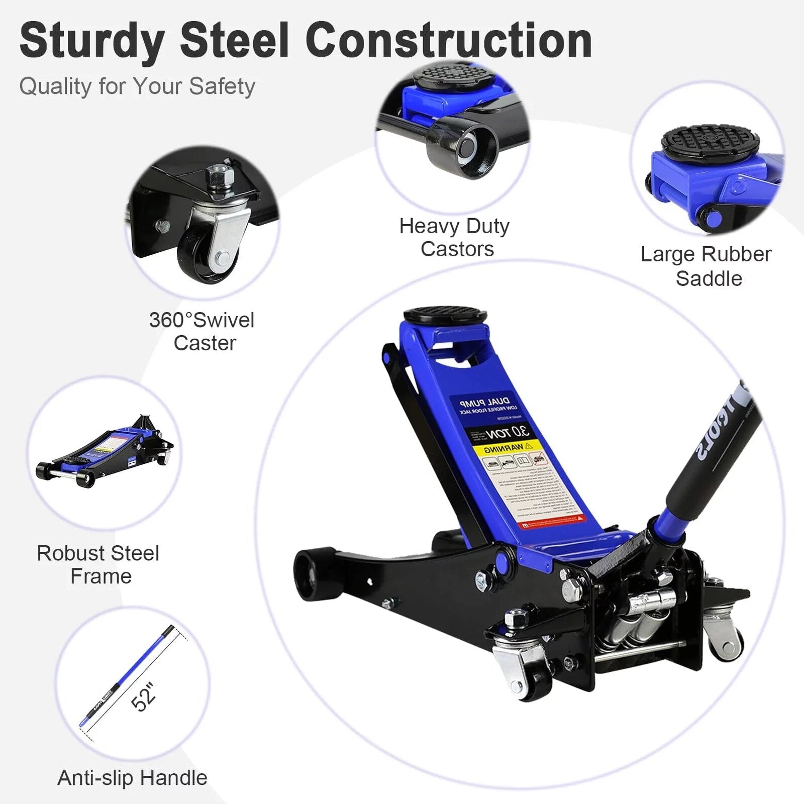3 Ton Low Profile Hydraulic Floor Jack, 6000 lbs, 5.1-20 Lift Range
