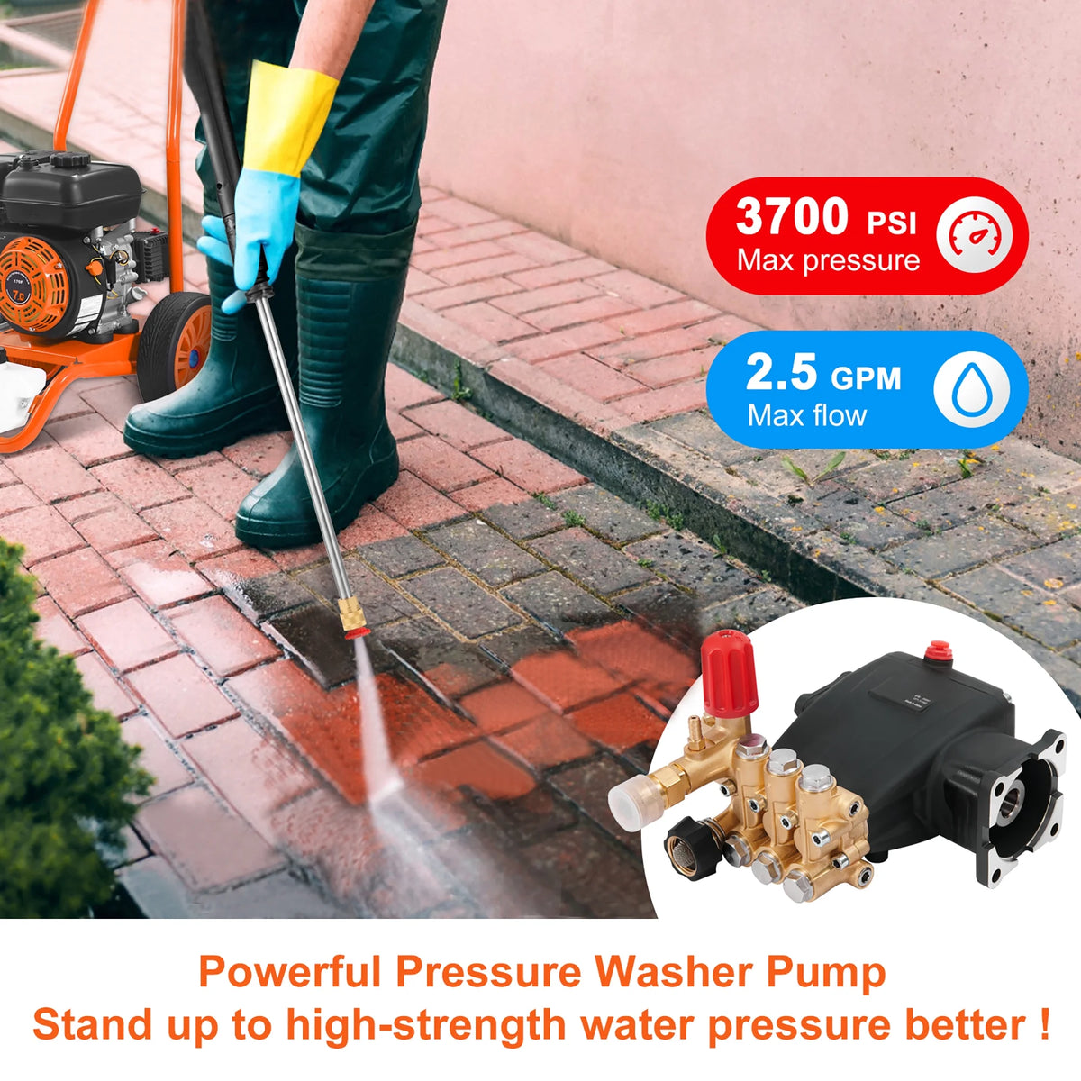 KFFKFF Triplex Pressure Washer Pump, 3/4 in Shaft, 3700 PSI, 2.5 GPM - KPD2110G