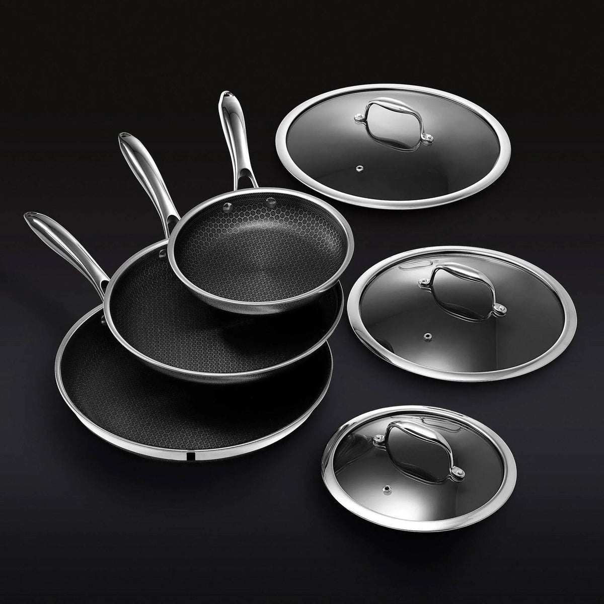 HexClad 6 Piece Hybrid Stainless Steel Cookware Pan Set, 8 inch, 10 inch, 12 inch With Glass Lids - Black