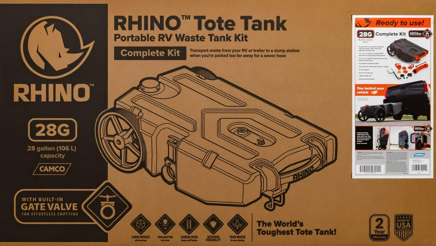 Camco Rhino Heavy Duty 28 Gallon Portable RV Waste Holding Tank With Hose And Accessories, Gray - 39004