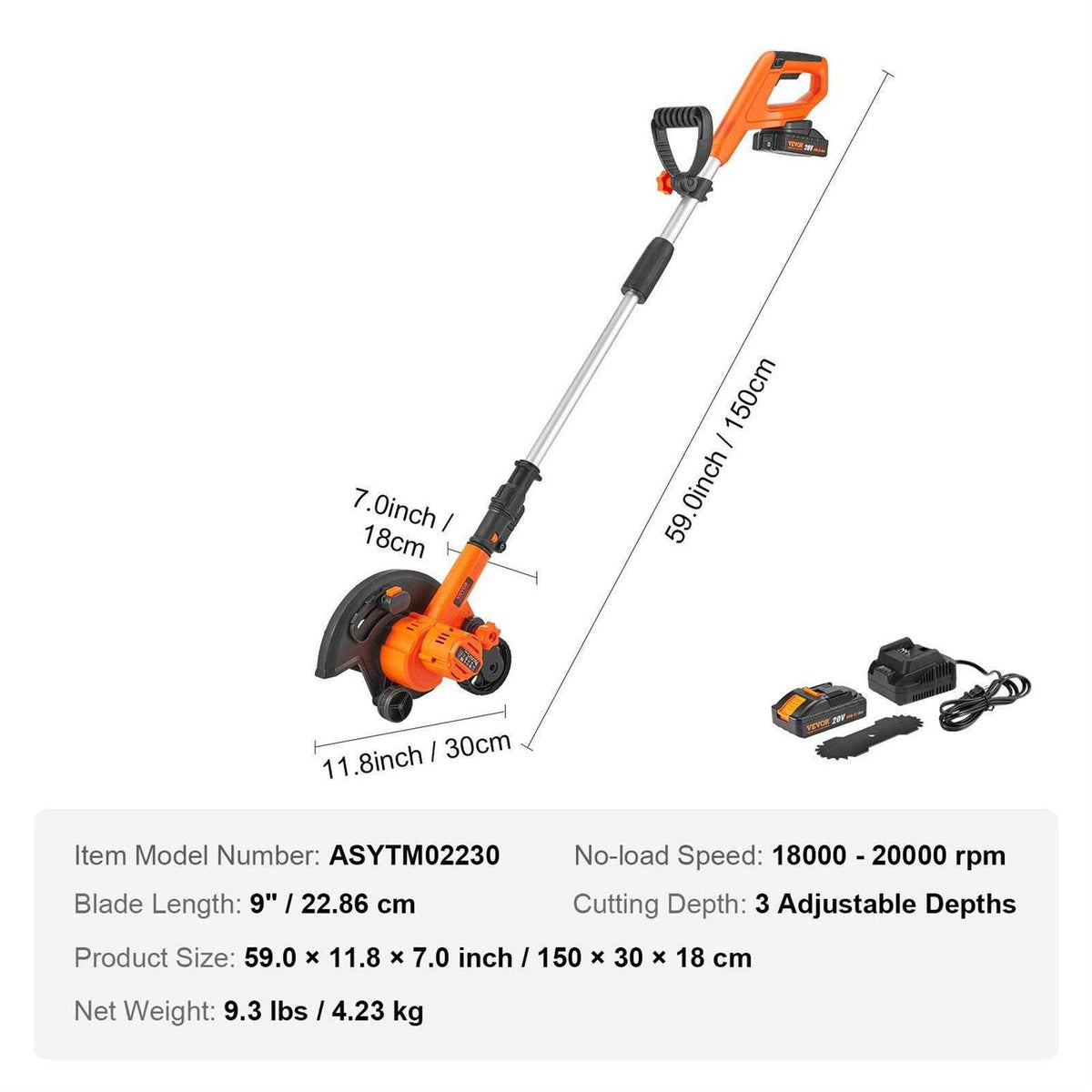VEVOR Cordless Lawn Edger, 20 V, 9-inch Blade, Orange Black Silver - ASYTM02230